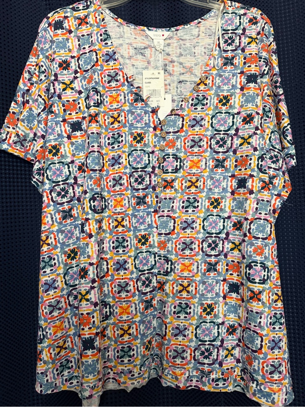 intro. Multicolor Tile-Print Button Front Top